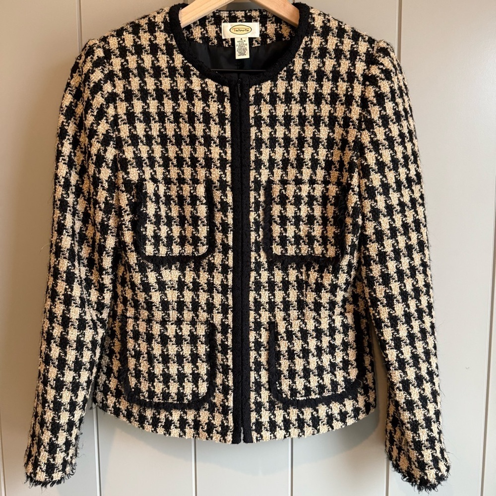 Talbots Houndstooth Tweed Blazer Jacket Size: 4 Wool Blend Pockets Zipper Front - Picture 1 of 13